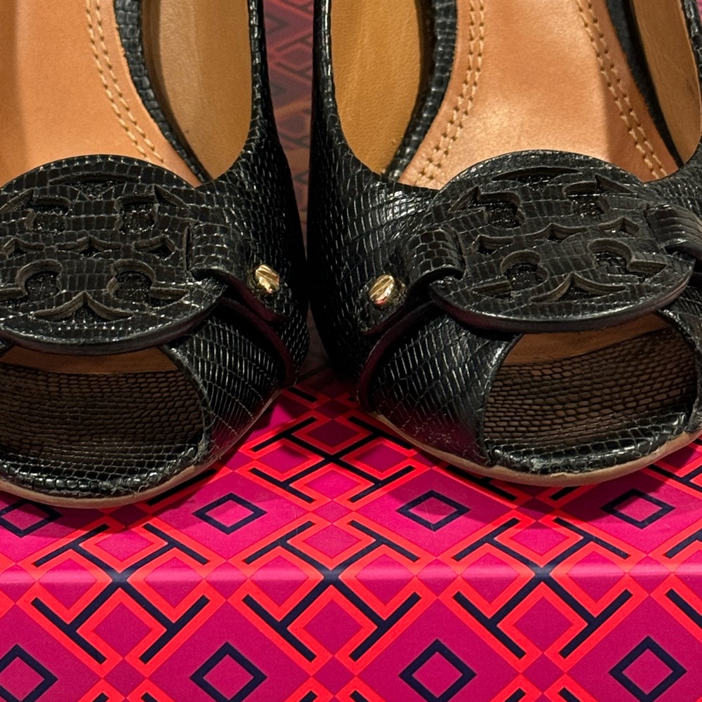 Tory Burch Black Open Toe Wedge.  Size 7